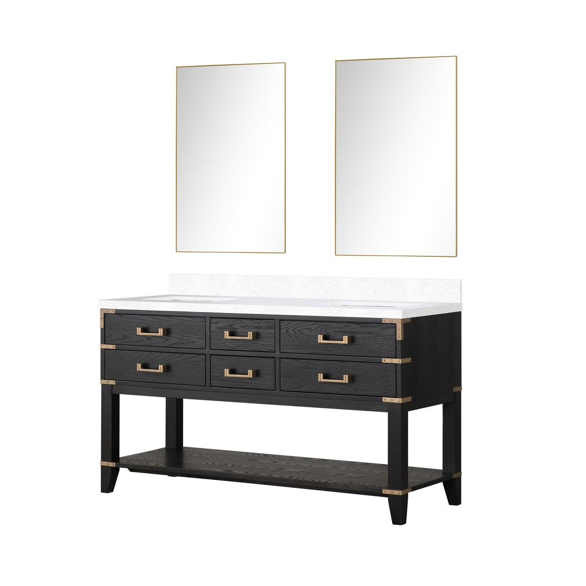 Norwalk 60 in W x 22 in D Black Oak Double Bath Vanity, White Quartz Top, and 28 in Mirrors