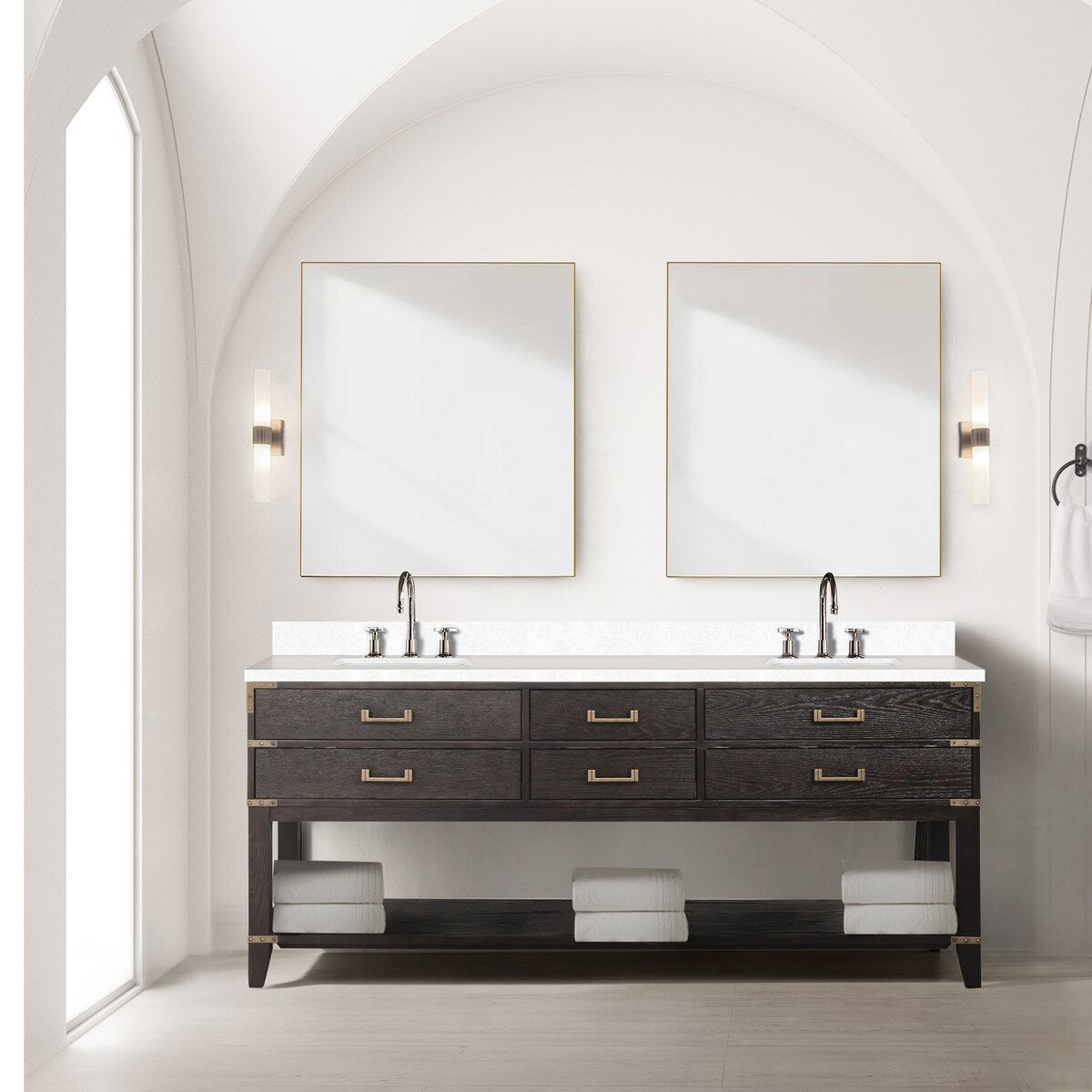 Norwalk 60 in W x 22 in D Black Oak Double Bath Vanity, White Quartz Top, and 28 in Mirrors