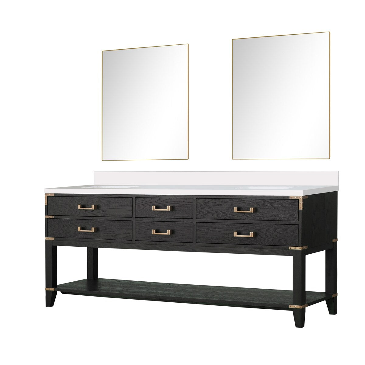 Norwalk 60 in W x 22 in D Black Oak Double Bath Vanity, White Quartz Top, and 28 in Mirrors