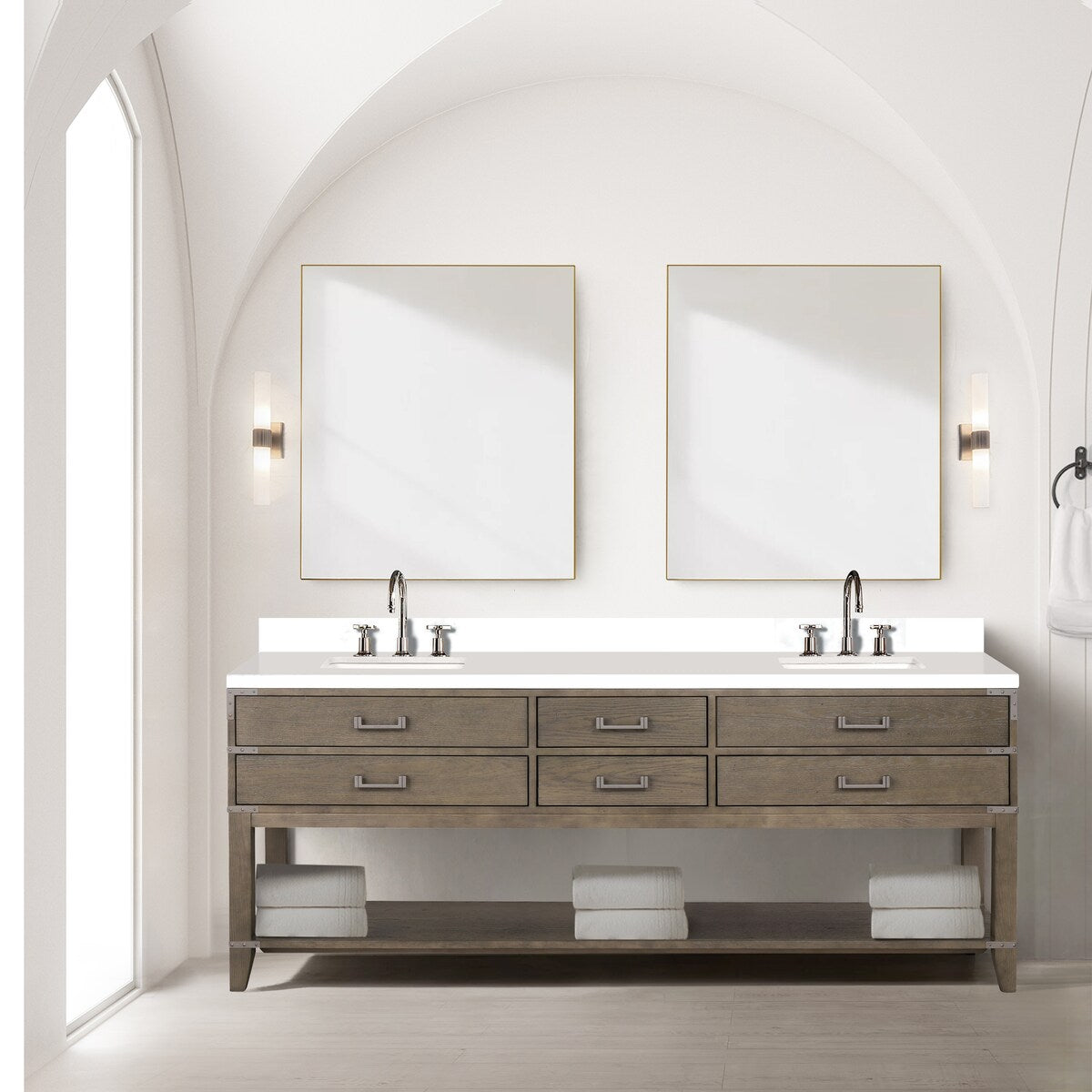 Norwalk 60 in W x 22 in D Black Oak Double Bath Vanity, White Quartz Top, and 28 in Mirrors