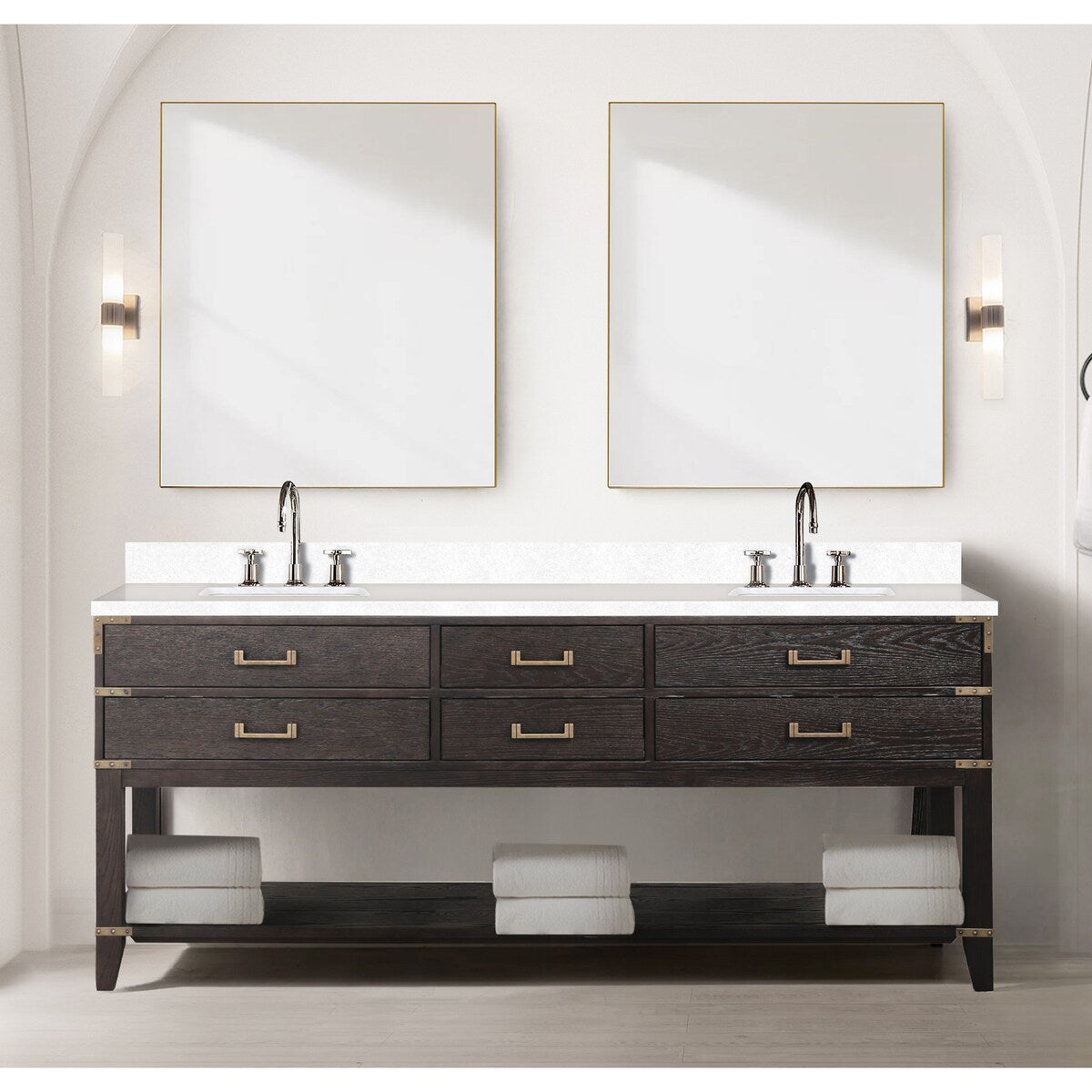 Norwalk 60 in W x 22 in D Black Oak Double Bath Vanity, White Quartz Top, and 28 in Mirrors