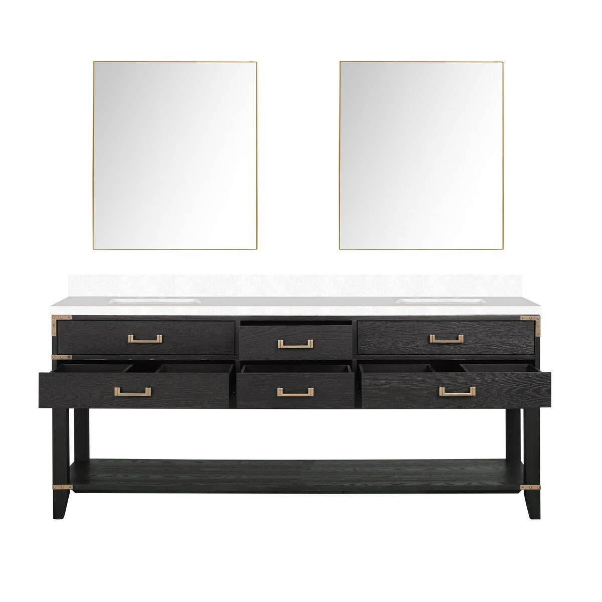 Norwalk 60 in W x 22 in D Black Oak Double Bath Vanity, White Quartz Top, and 28 in Mirrors