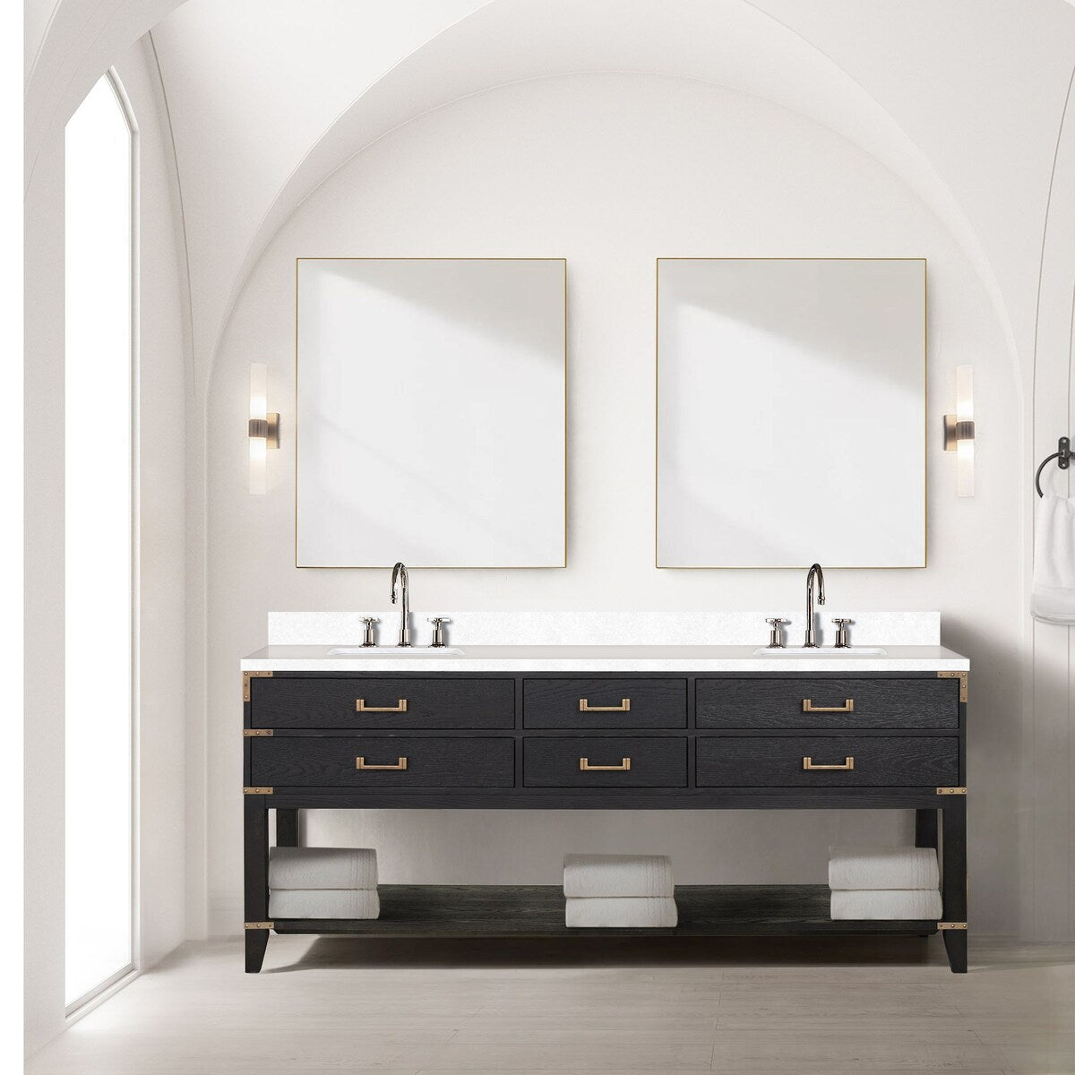 Norwalk 60 in W x 22 in D Black Oak Double Bath Vanity, White Quartz Top, and 28 in Mirrors