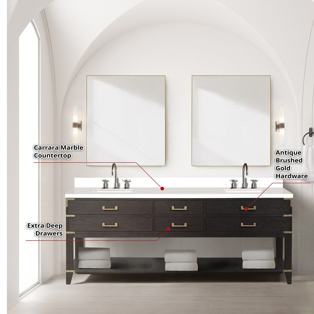 Norwalk 60 in W x 22 in D Black Oak Double Bath Vanity, White Quartz Top, and 28 in Mirrors
