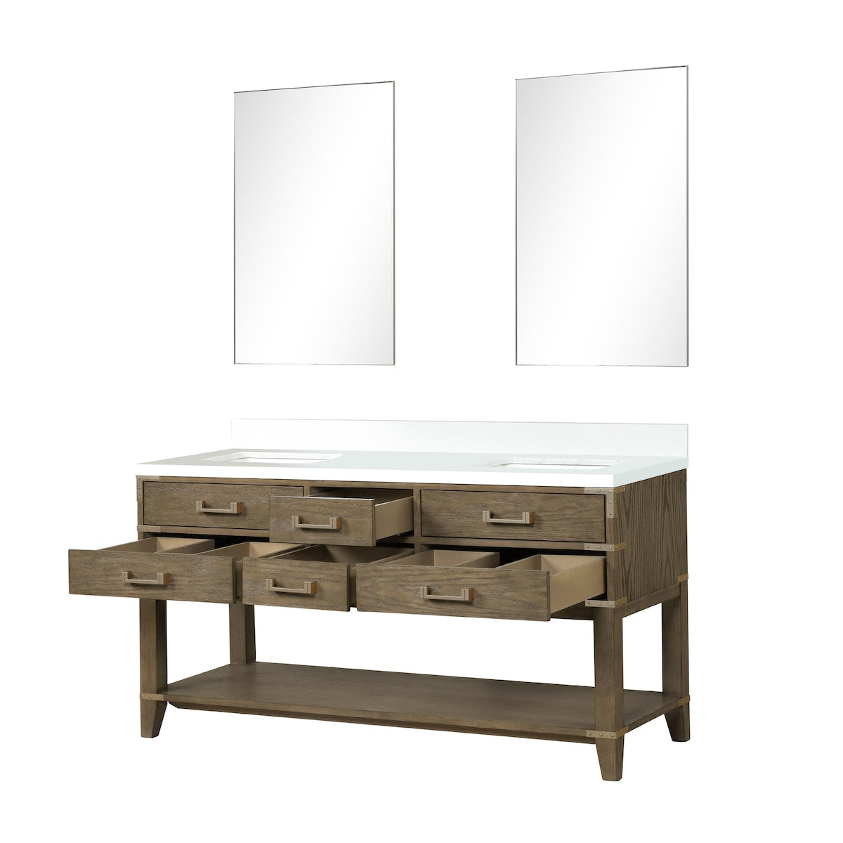 Norwalk 60 in W x 22 in D Black Oak Double Bath Vanity, White Quartz Top, and 28 in Mirrors