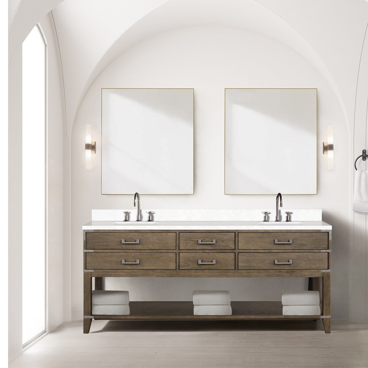 Norwalk 60 in W x 22 in D Black Oak Double Bath Vanity, White Quartz Top, and 28 in Mirrors