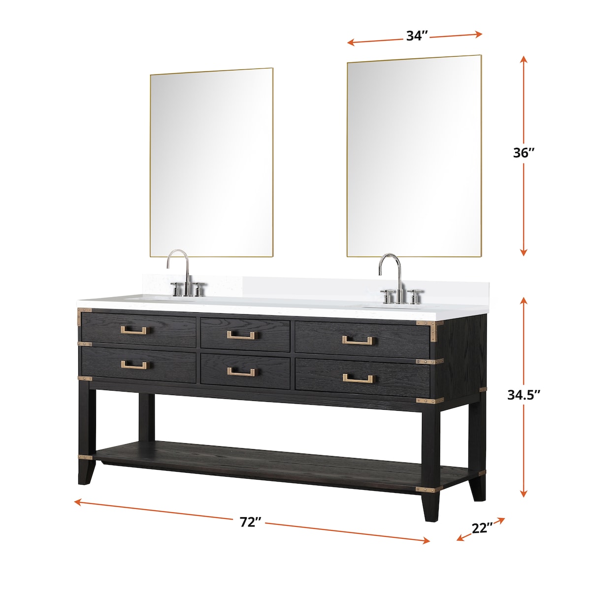 Norwalk 60 in W x 22 in D Black Oak Double Bath Vanity, White Quartz Top, and 28 in Mirrors