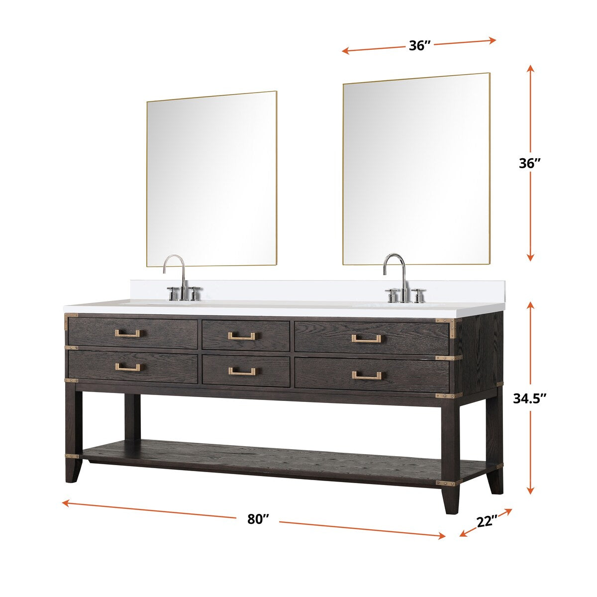 Norwalk 60 in W x 22 in D Black Oak Double Bath Vanity, White Quartz Top, and 28 in Mirrors
