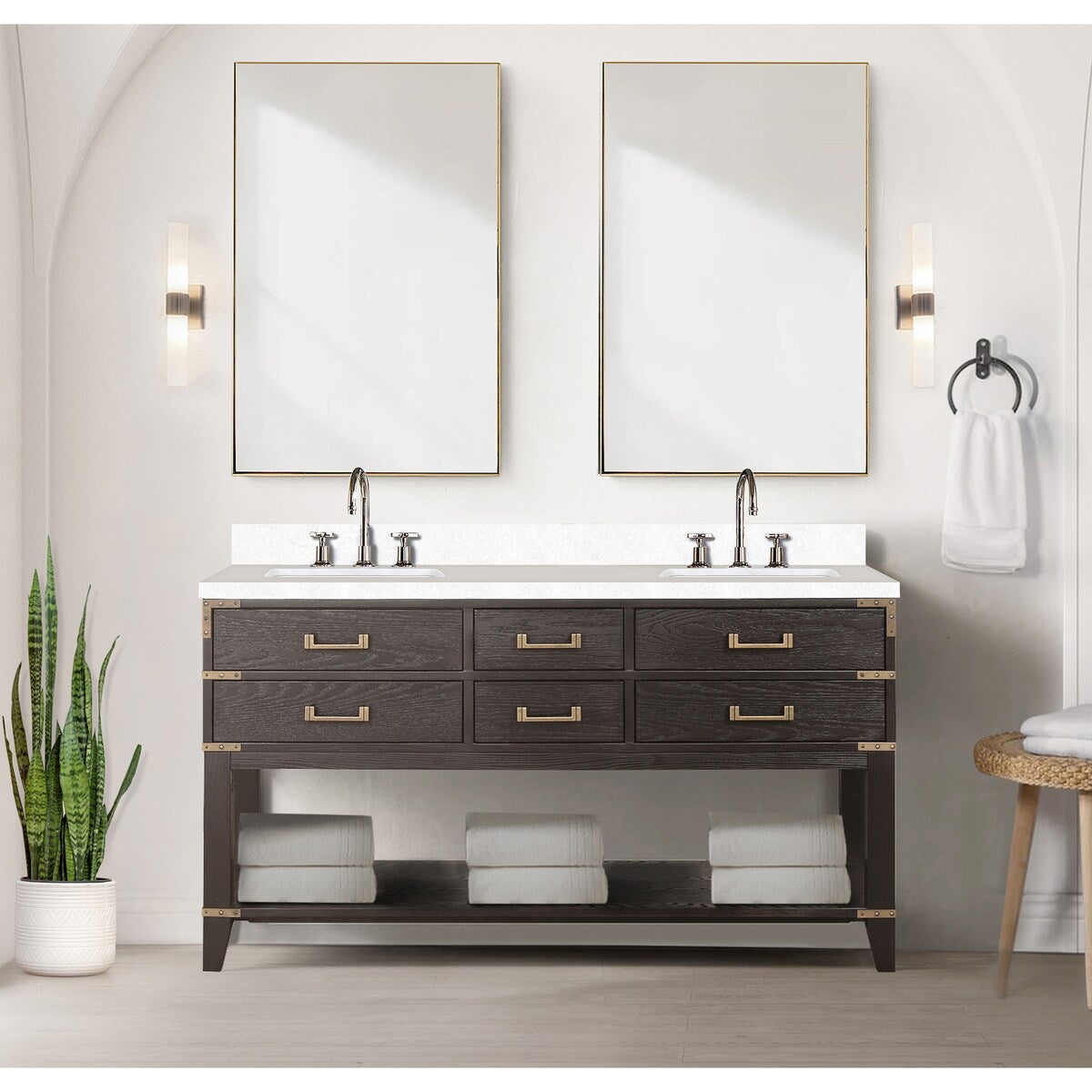 Norwalk 60 in W x 22 in D Black Oak Double Bath Vanity, White Quartz Top, and 28 in Mirrors