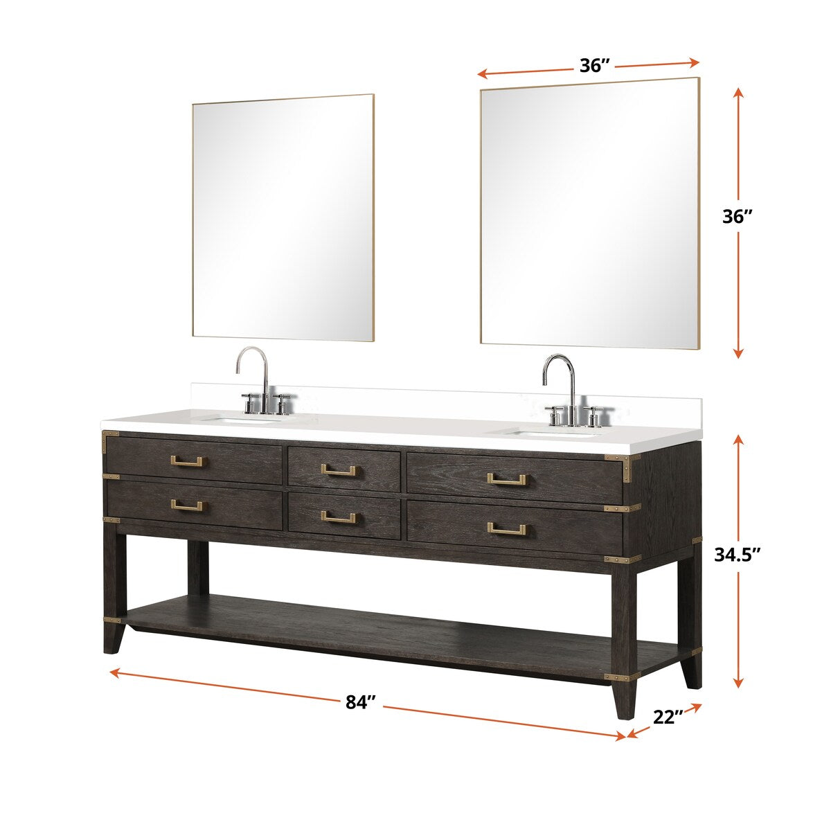 Norwalk 60 in W x 22 in D Black Oak Double Bath Vanity, White Quartz Top, and 28 in Mirrors
