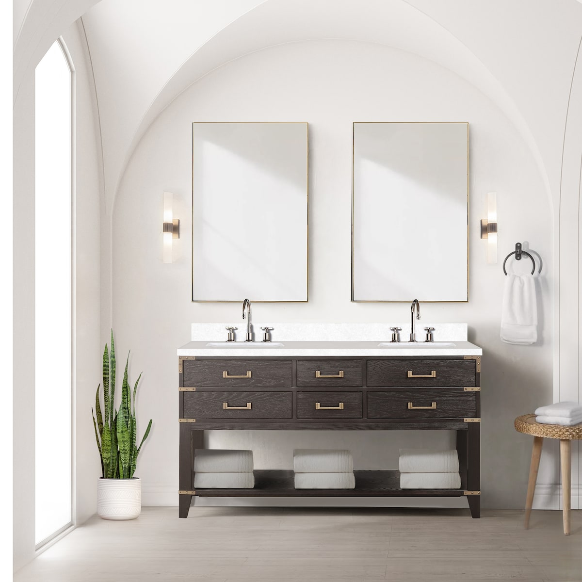 Norwalk 60 in W x 22 in D Black Oak Double Bath Vanity, White Quartz Top, and 28 in Mirrors