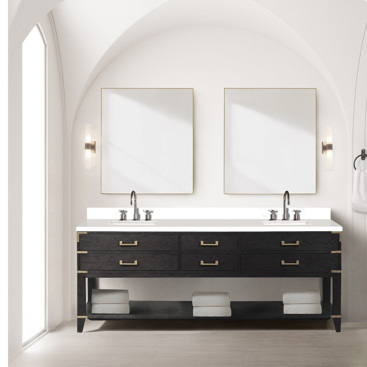 Norwalk 60 in W x 22 in D Black Oak Double Bath Vanity, White Quartz Top, and 28 in Mirrors