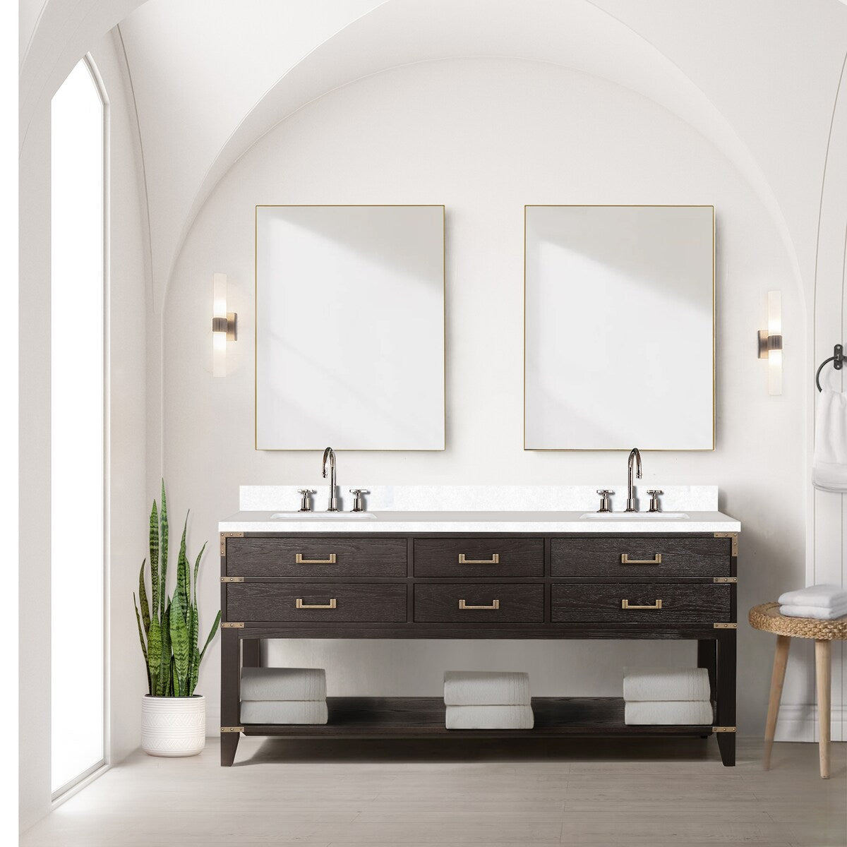 Norwalk 60 in W x 22 in D Black Oak Double Bath Vanity, White Quartz Top, and 28 in Mirrors