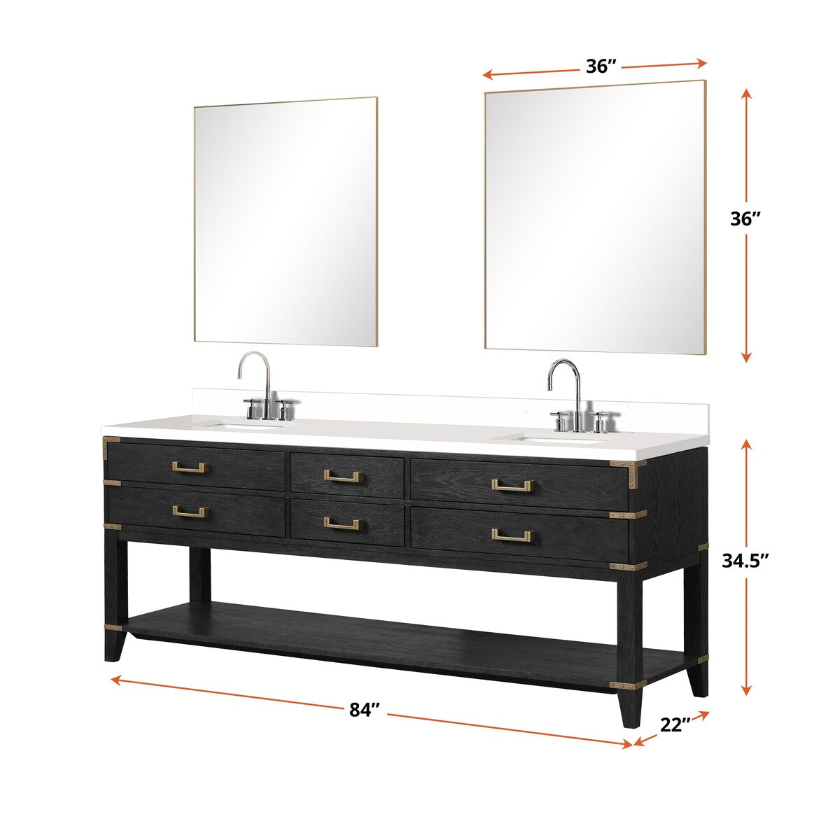 Norwalk 60 in W x 22 in D Black Oak Double Bath Vanity, White Quartz Top, and 28 in Mirrors
