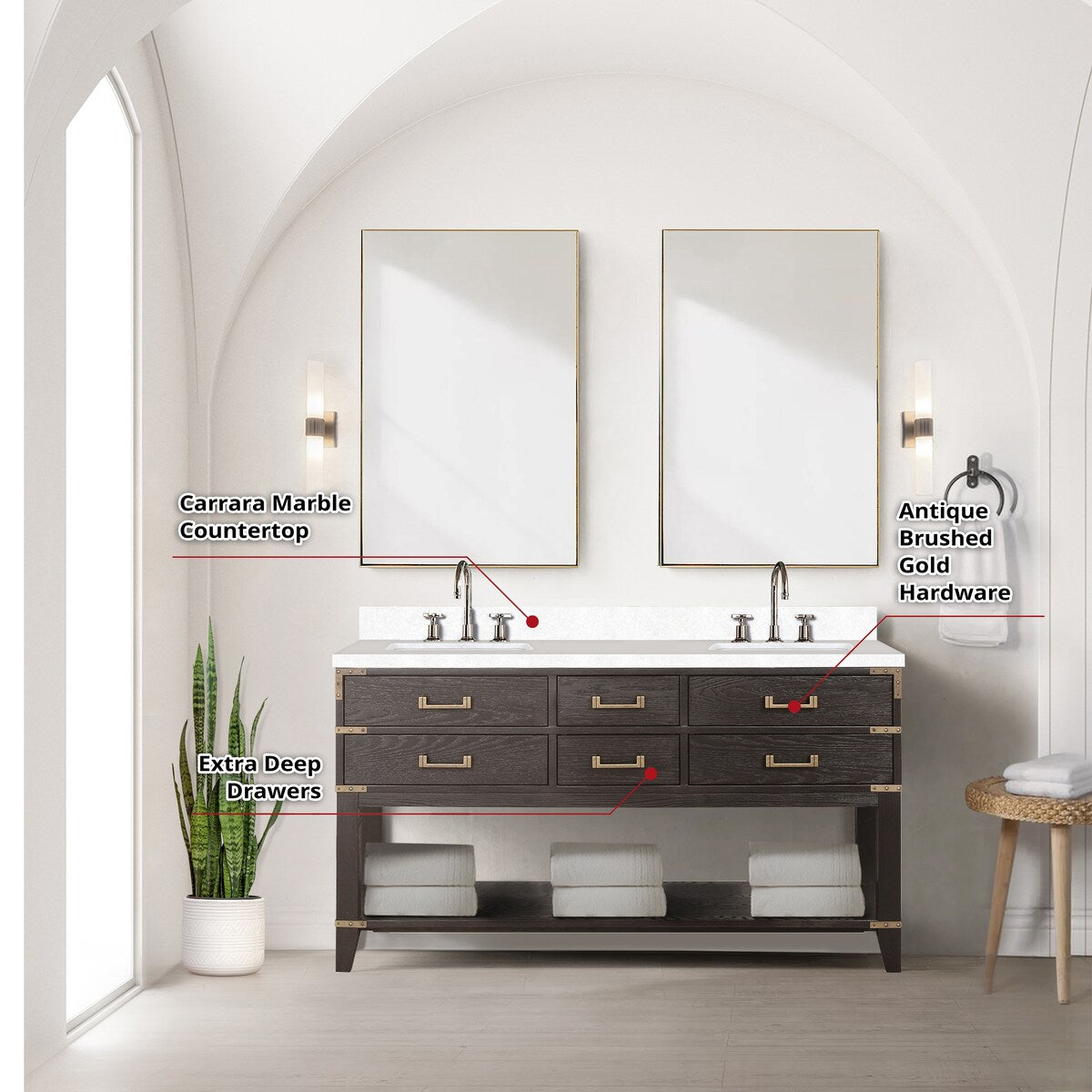 Norwalk 60 in W x 22 in D Black Oak Double Bath Vanity, White Quartz Top, and 28 in Mirrors