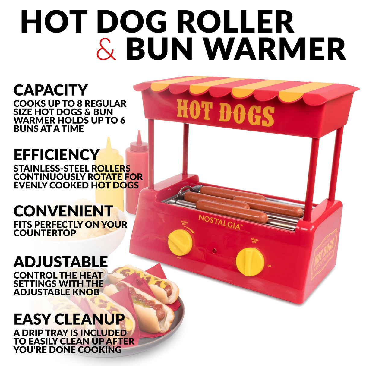 Nostalgia Hot Dog Roller and Bun Warmer, 8 Hot Dog and 6 Bun Capacity