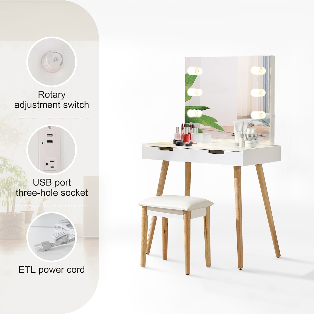 Nova Furniture Vanity Desk with Lighted Mirror,Makeup Table Set for Women Girls,Dressing Table with Drawers for Bedroom,White
