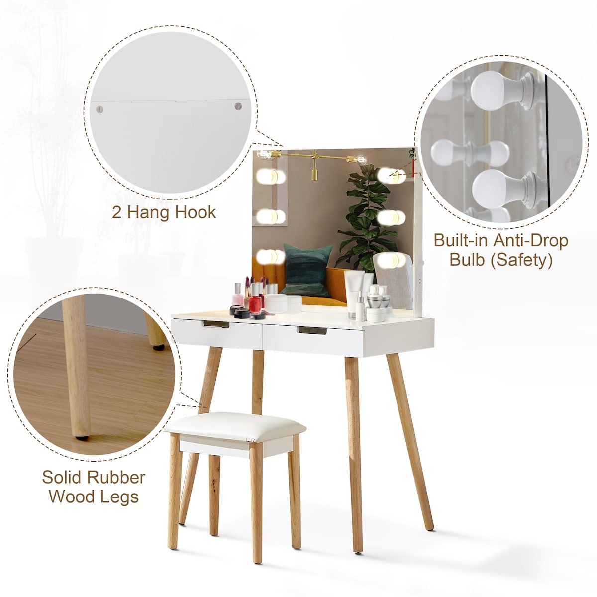 Nova Furniture Vanity Desk with Lighted Mirror,Makeup Table Set for Women Girls,Dressing Table with Drawers for Bedroom,White