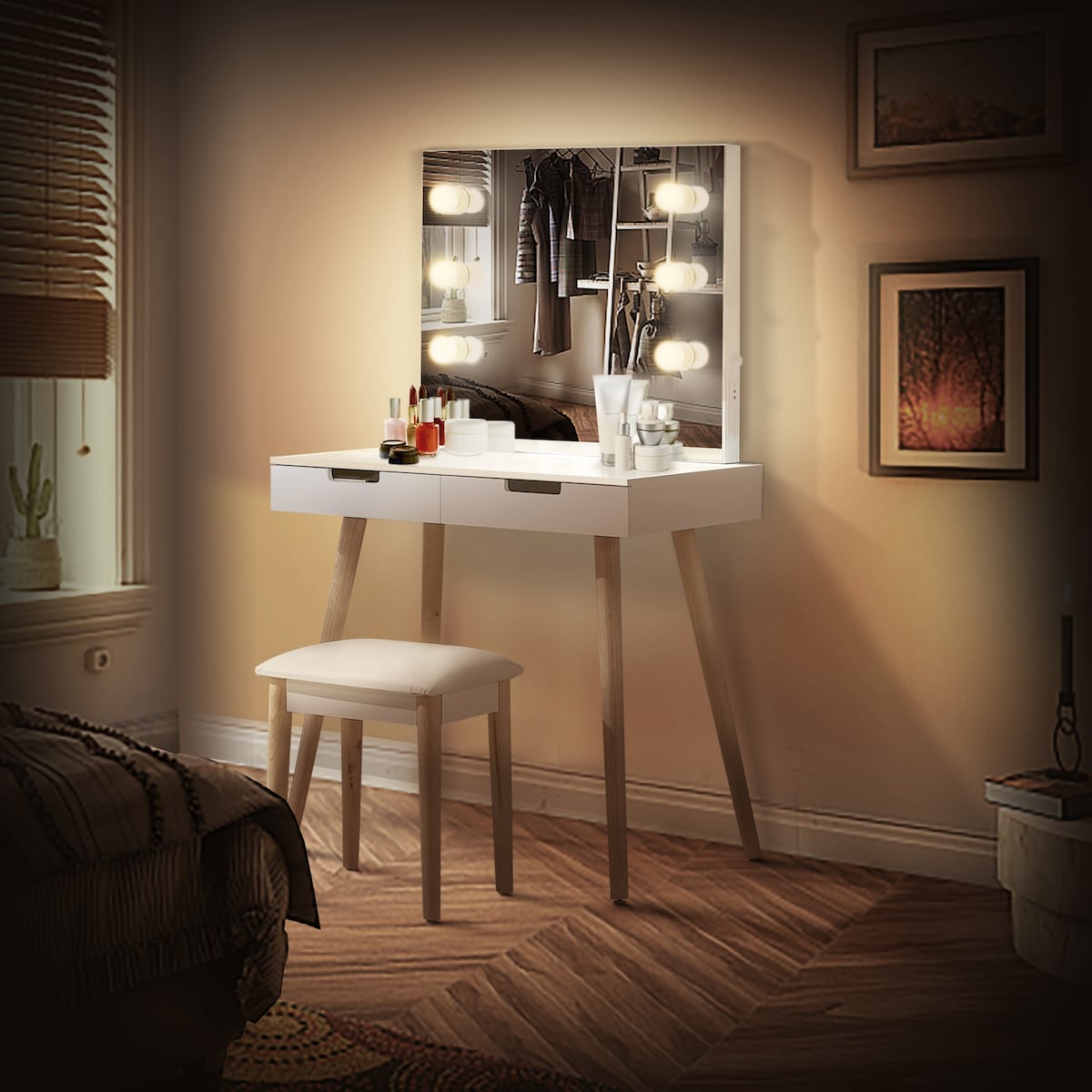 Nova Furniture Vanity Desk with Lighted Mirror,Makeup Table Set for Women Girls,Dressing Table with Drawers for Bedroom,White
