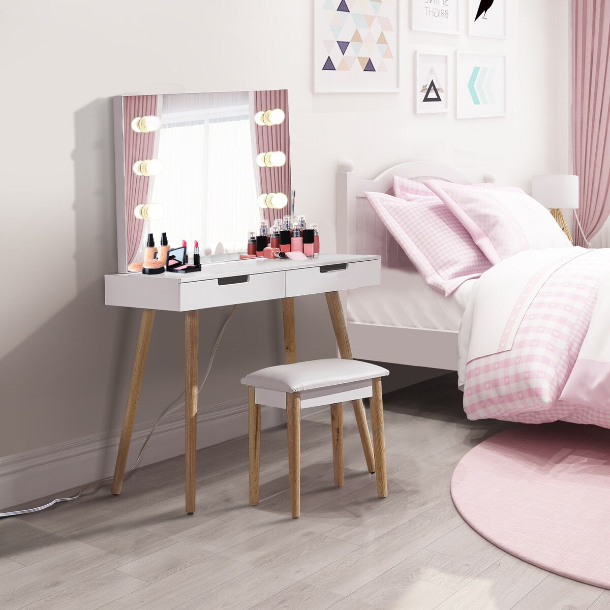 Nova Furniture Vanity Desk with Lighted Mirror,Makeup Table Set for Women Girls,Dressing Table with Drawers for Bedroom,White