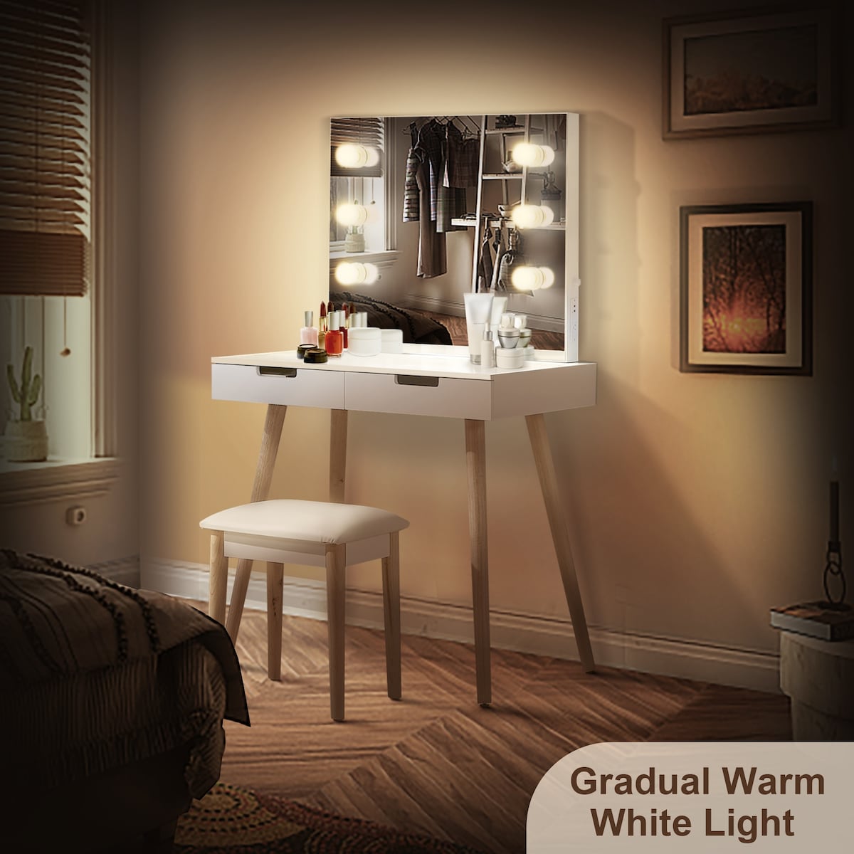 Nova Furniture Vanity Desk with Lighted Mirror,Makeup Table Set for Women Girls,Dressing Table with Drawers for Bedroom,White