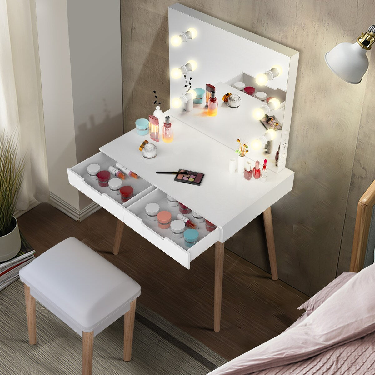Nova Furniture Vanity Desk with Lighted Mirror,Makeup Table Set for Women Girls,Dressing Table with Drawers for Bedroom,White