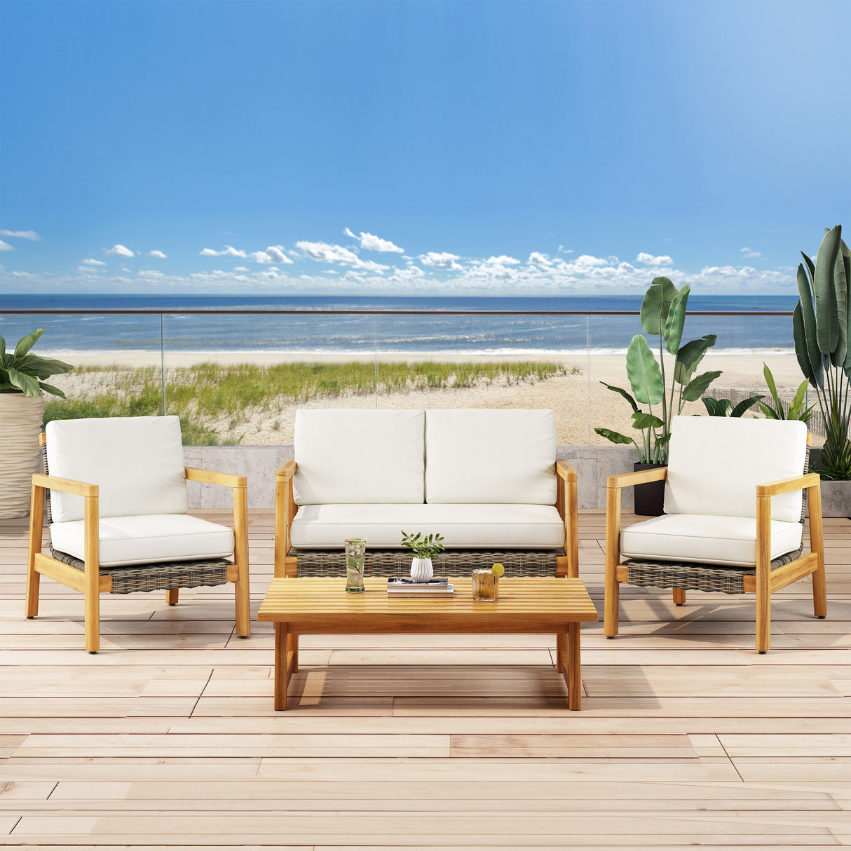 Nova Outdoor 4 Seater Acacia Wood Chat Set with Wicker Accents by Christopher Knight Home