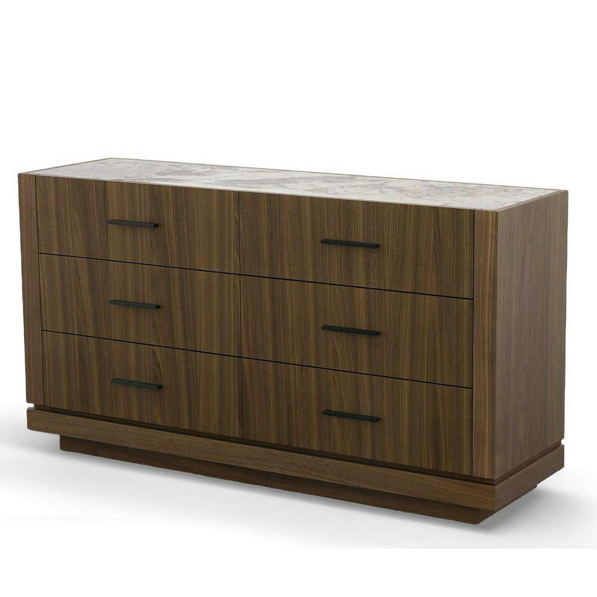 Nova Qua 55 Inch Wood Dresser, 6 Drawers, Glass Surface, Walnut Brown
