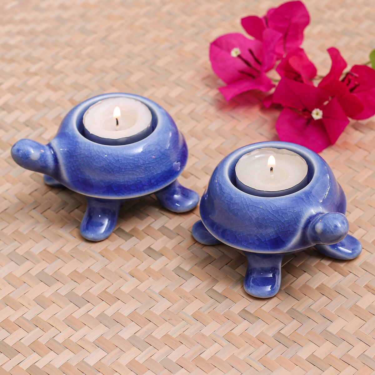 Novica Handmade Blue Guide Ceramic Tealight Candleholders (Pair)