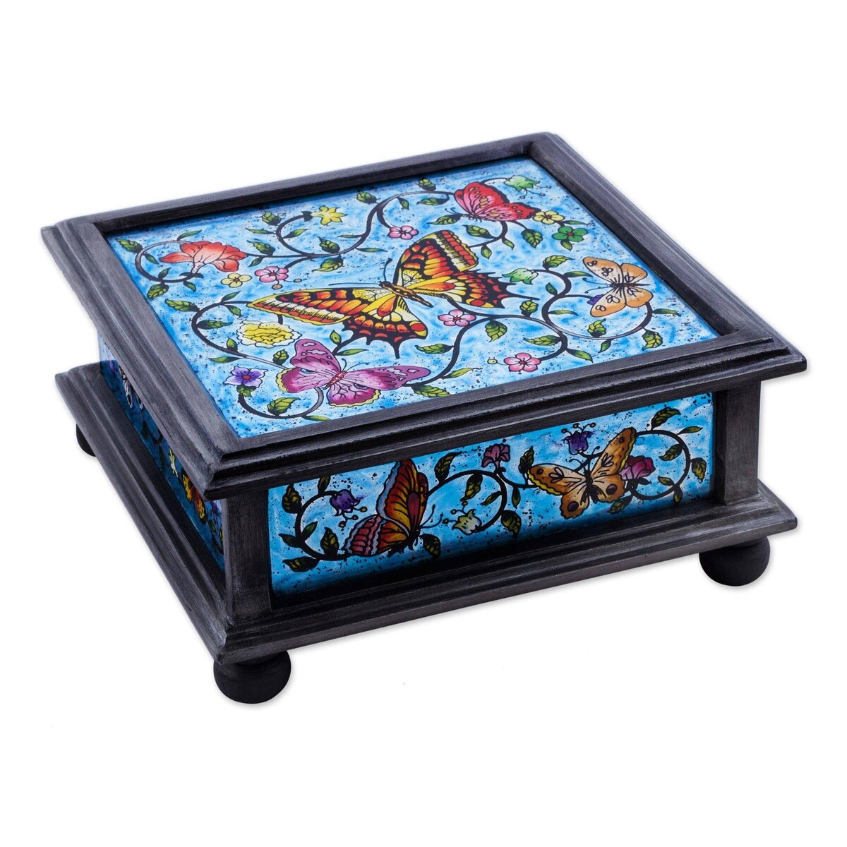 Novica Handmade Blue Winter Butterflies Reverse Painted Glass Decorative Box