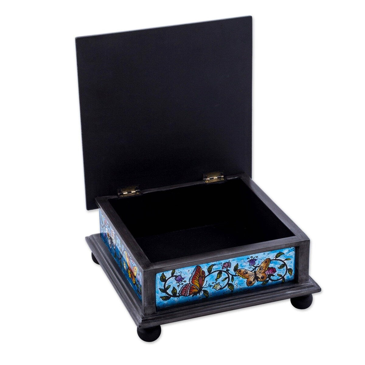 Novica Handmade Blue Winter Butterflies Reverse Painted Glass Decorative Box