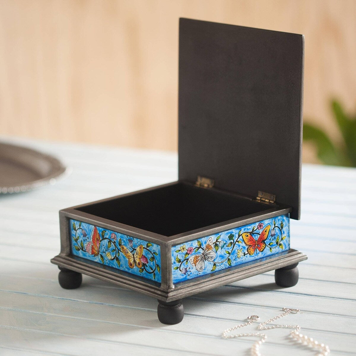 Novica Handmade Blue Winter Butterflies Reverse Painted Glass Decorative Box