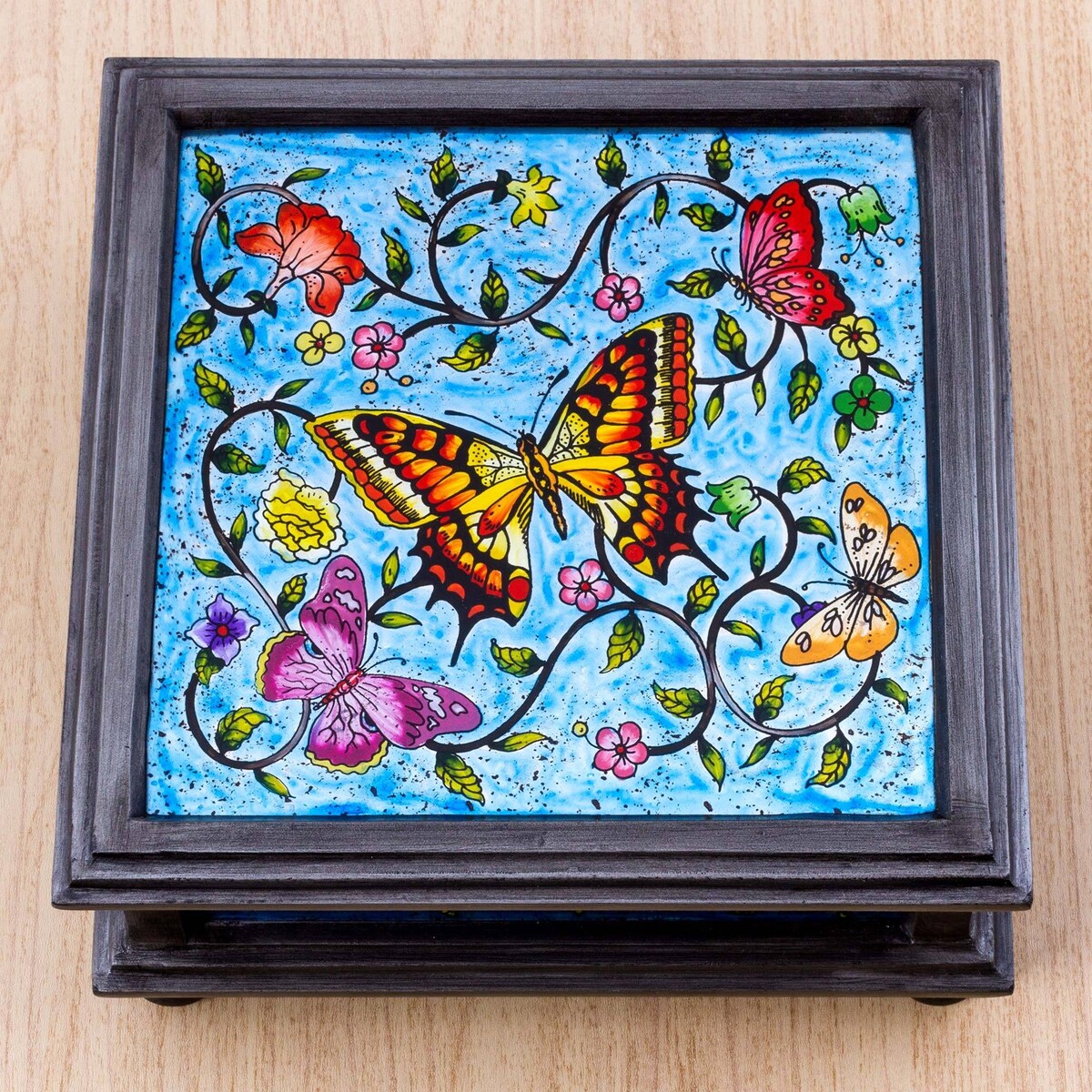 Novica Handmade Blue Winter Butterflies Reverse Painted Glass Decorative Box