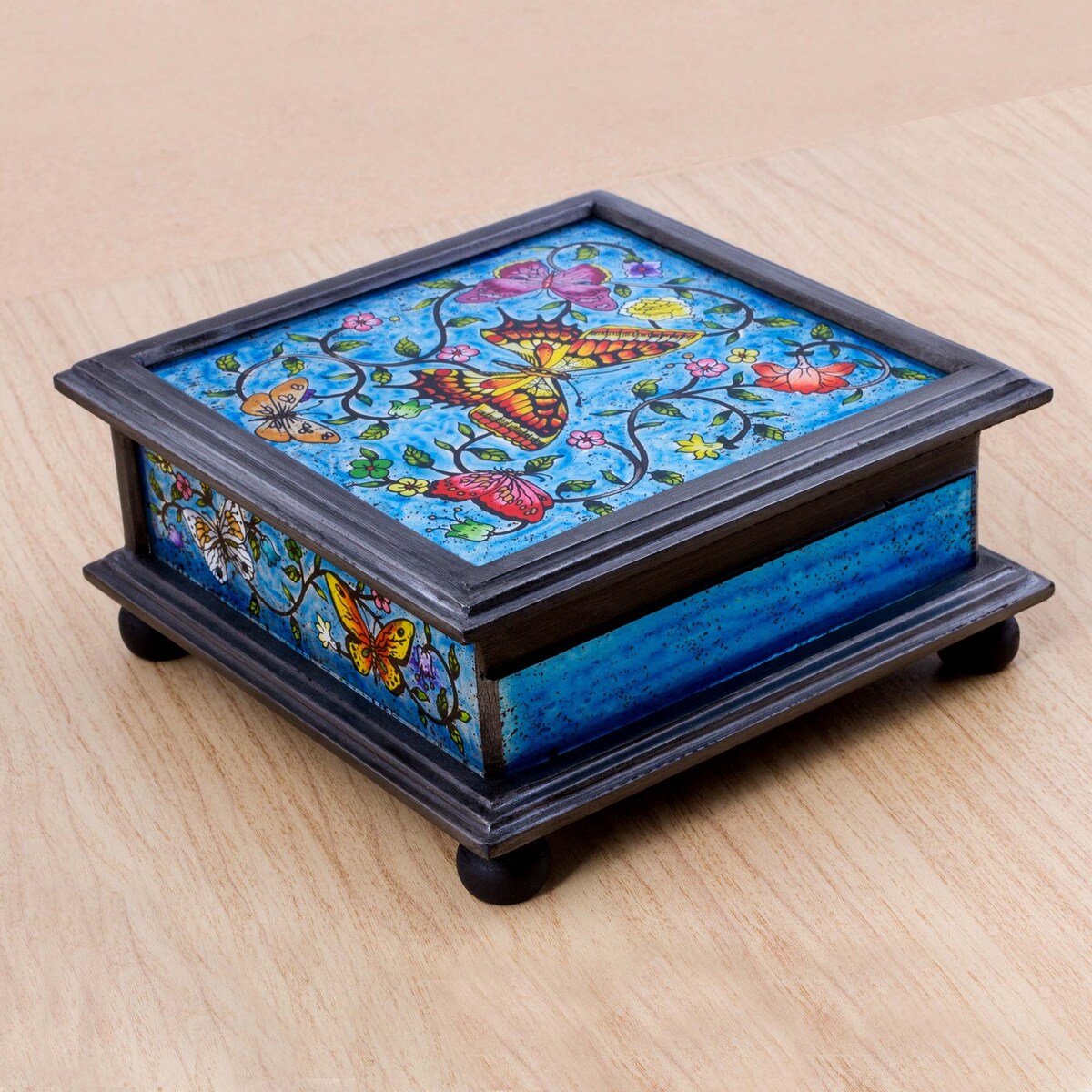 Novica Handmade Blue Winter Butterflies Reverse Painted Glass Decorative Box