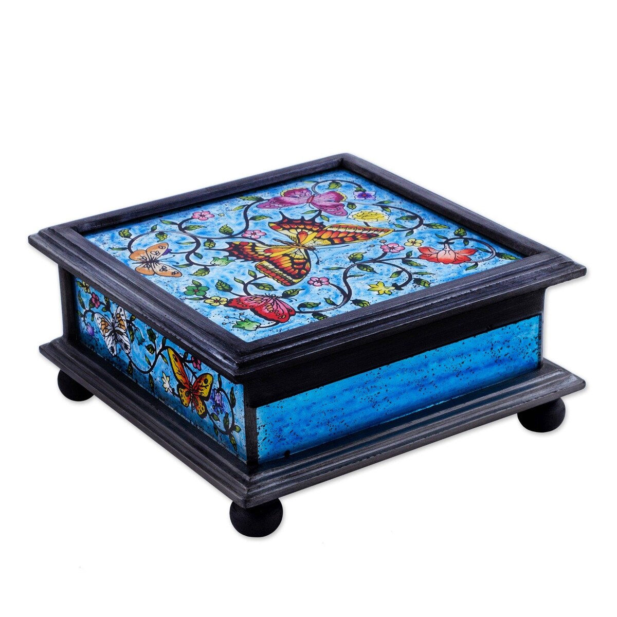 Novica Handmade Blue Winter Butterflies Reverse Painted Glass Decorative Box