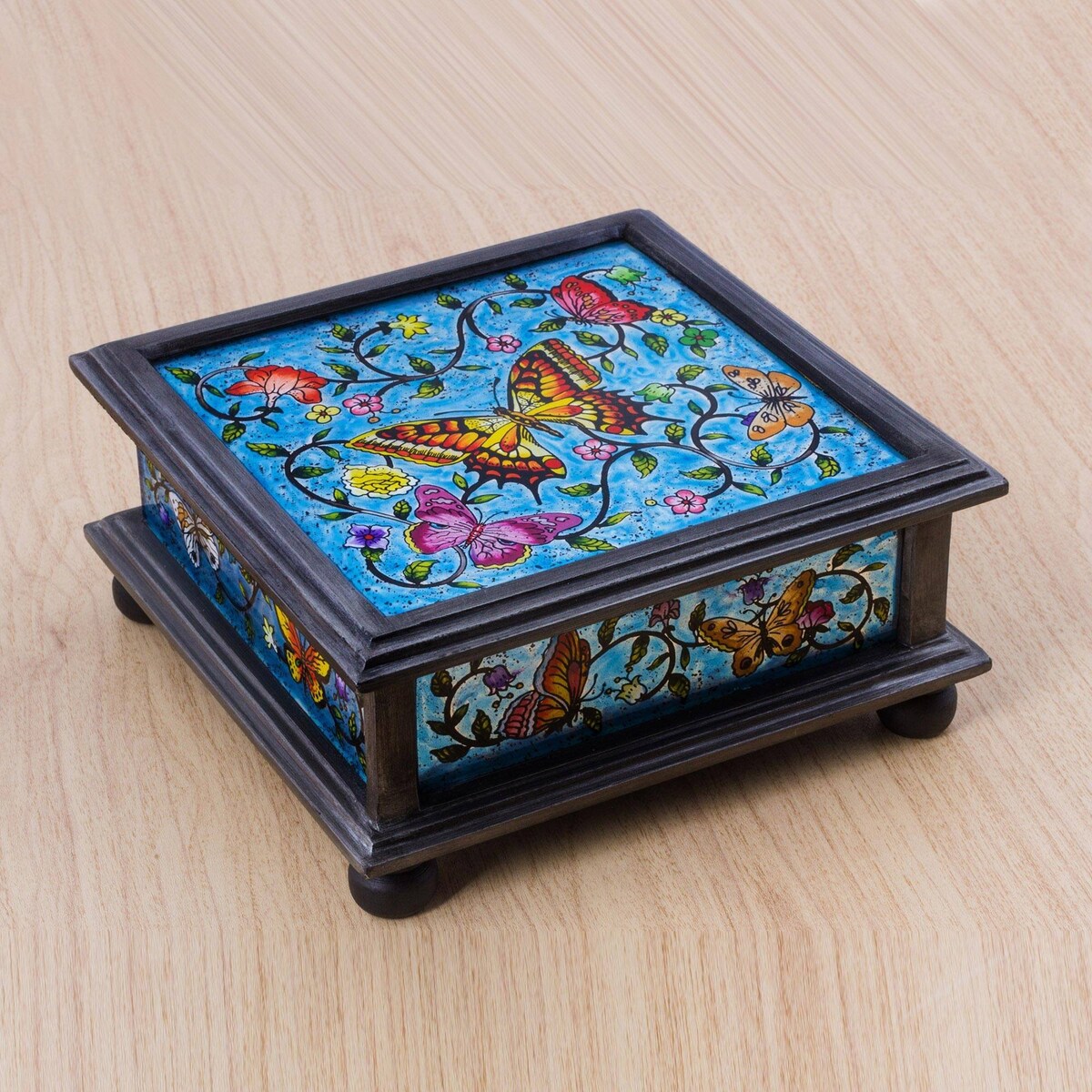 Novica Handmade Blue Winter Butterflies Reverse Painted Glass Decorative Box
