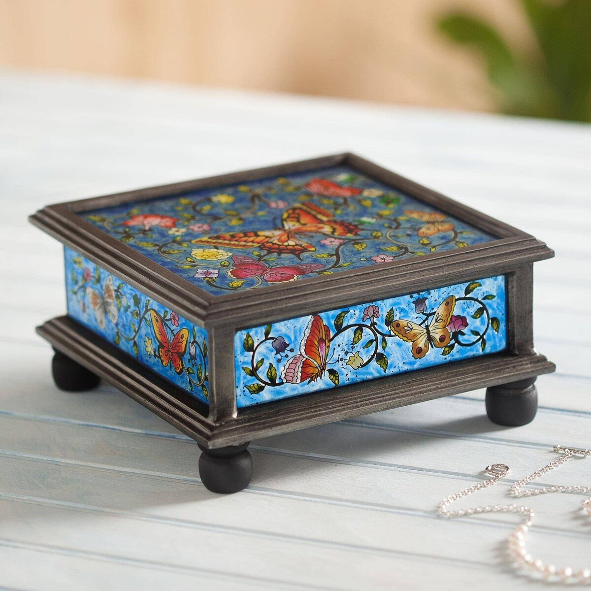 Novica Handmade Blue Winter Butterflies Reverse Painted Glass Decorative Box