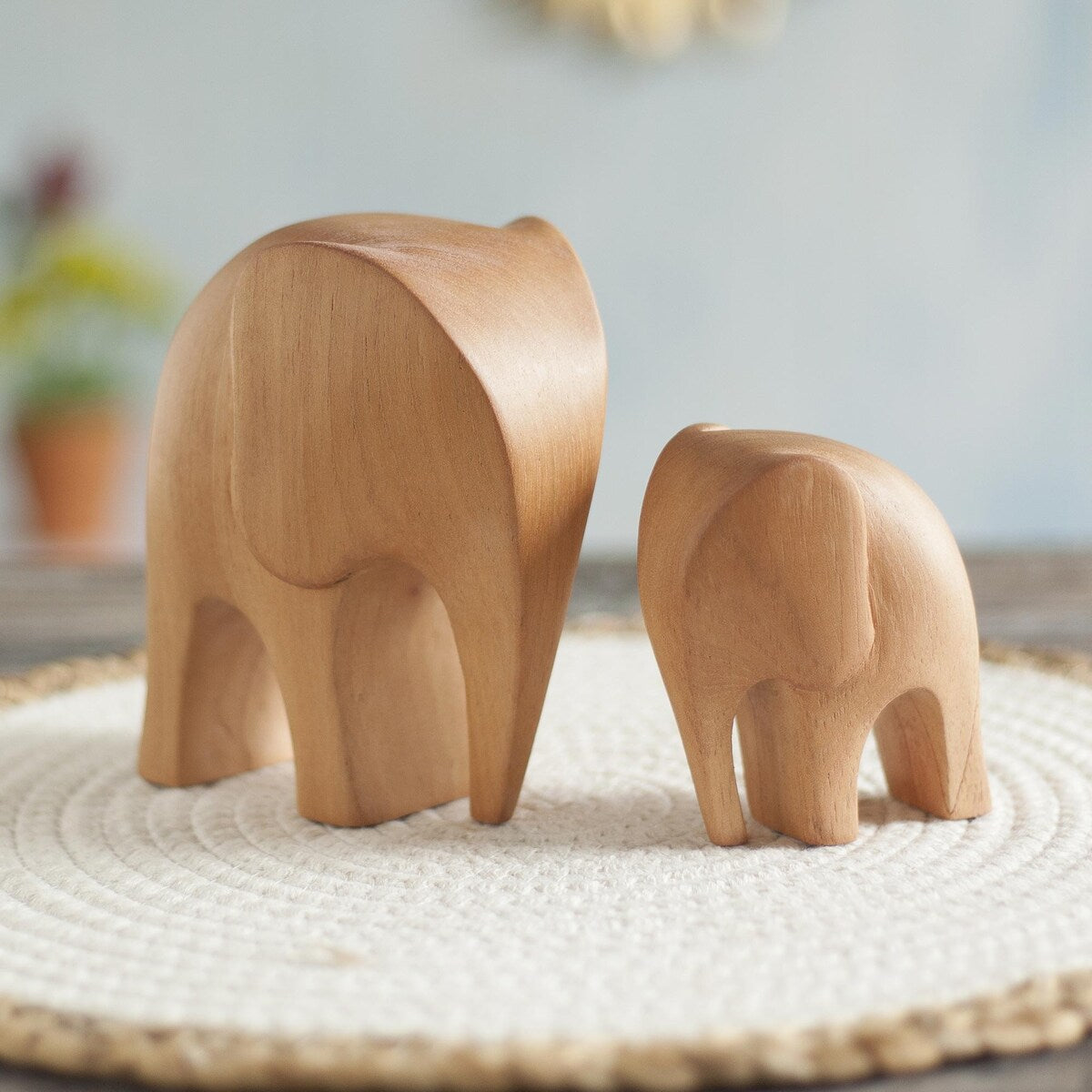 Novica Handmade Brown Elephant Motherhood Wood Figurines (Pair)