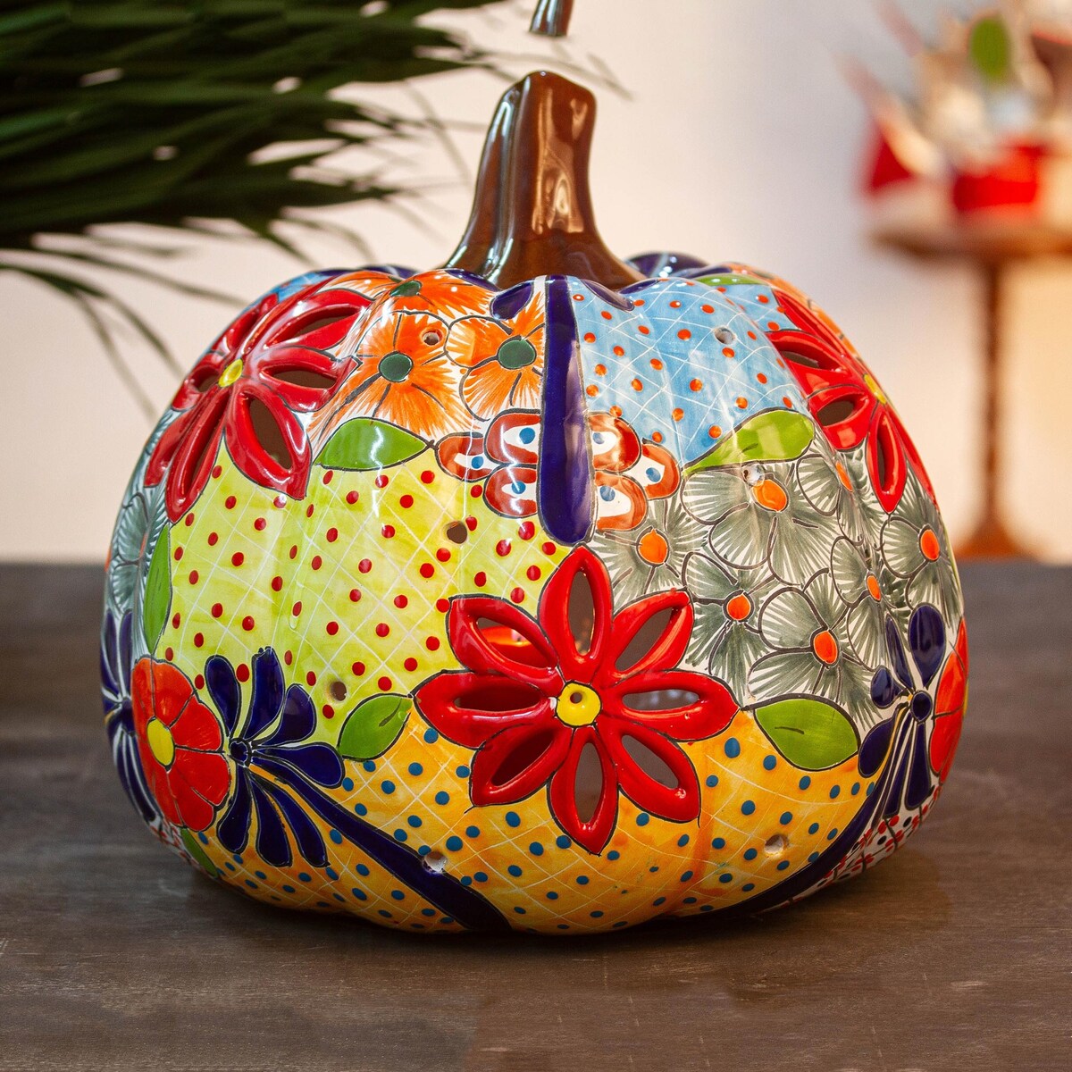 Novica Handmade Colorful Pumpkin Ceramic Lantern