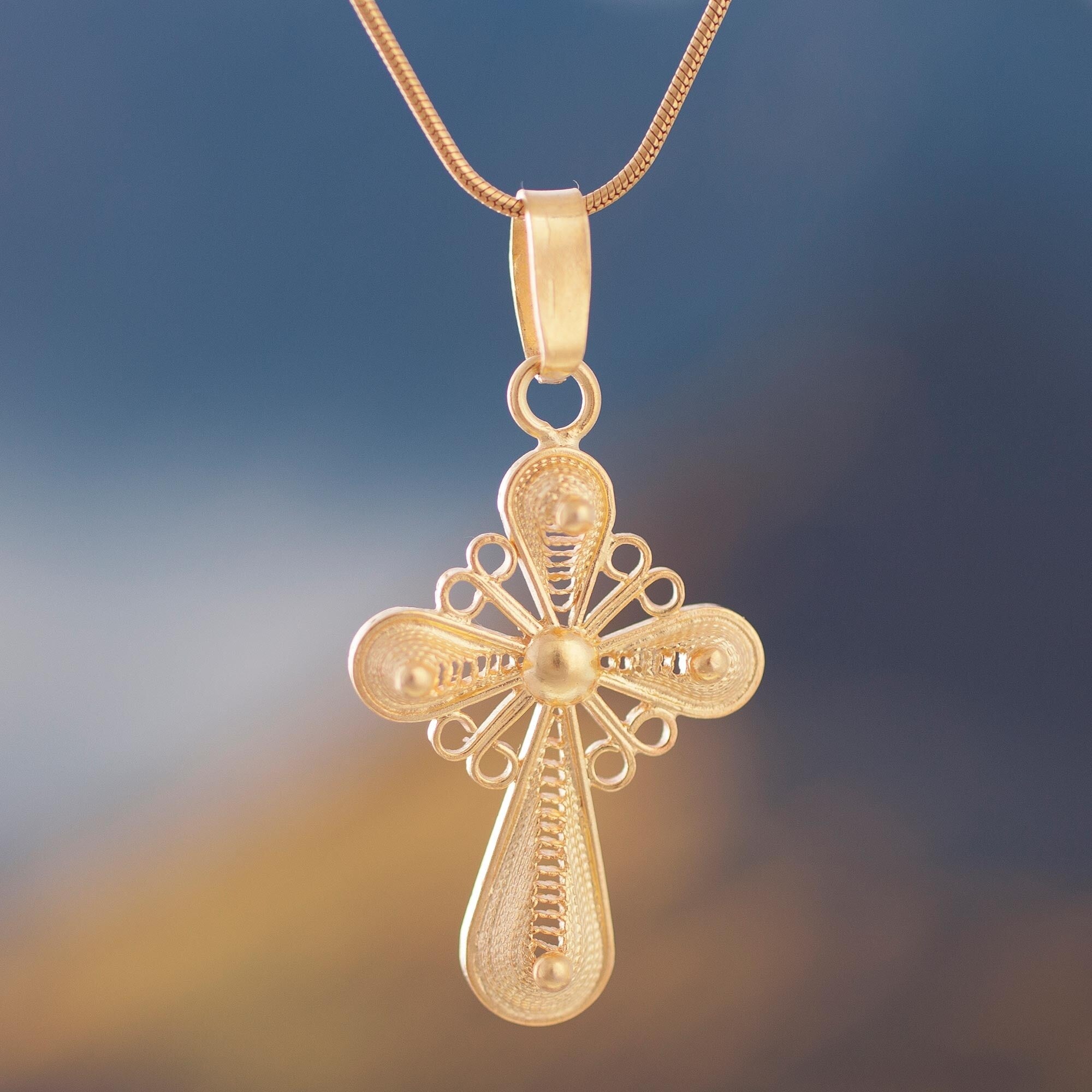 Novica Handmade Cross of Faith Gold Plated Filigree Cross Necklace Yellow Yellow
