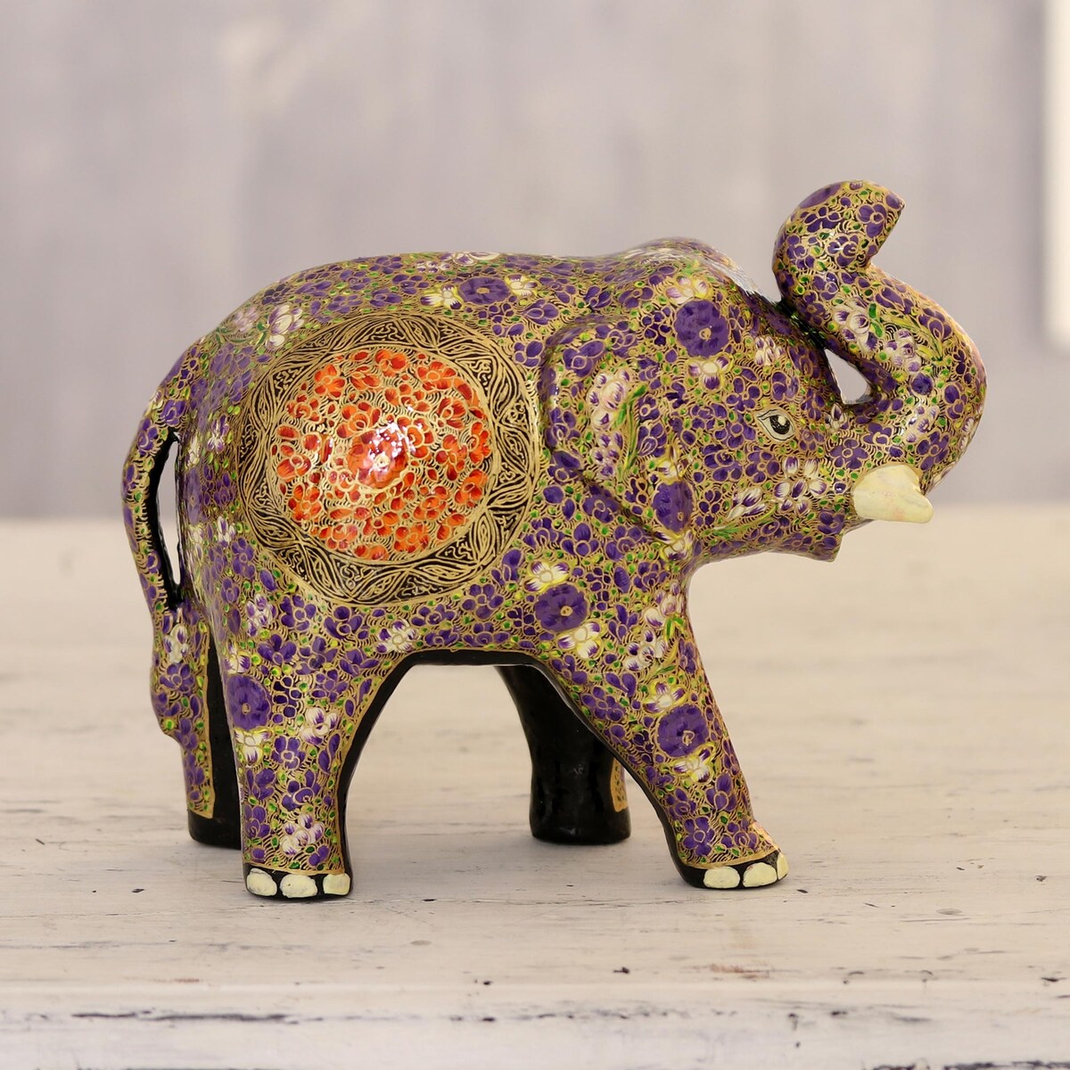 Novica Handmade Cute Baby Elephant In Purple Papier Mache Sculpture