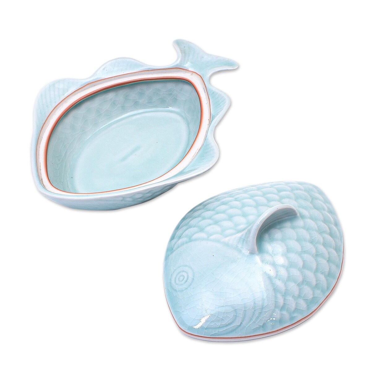 Novica Handmade Fish Dish In Aqua Celadon Ceramic Lidded Bowl