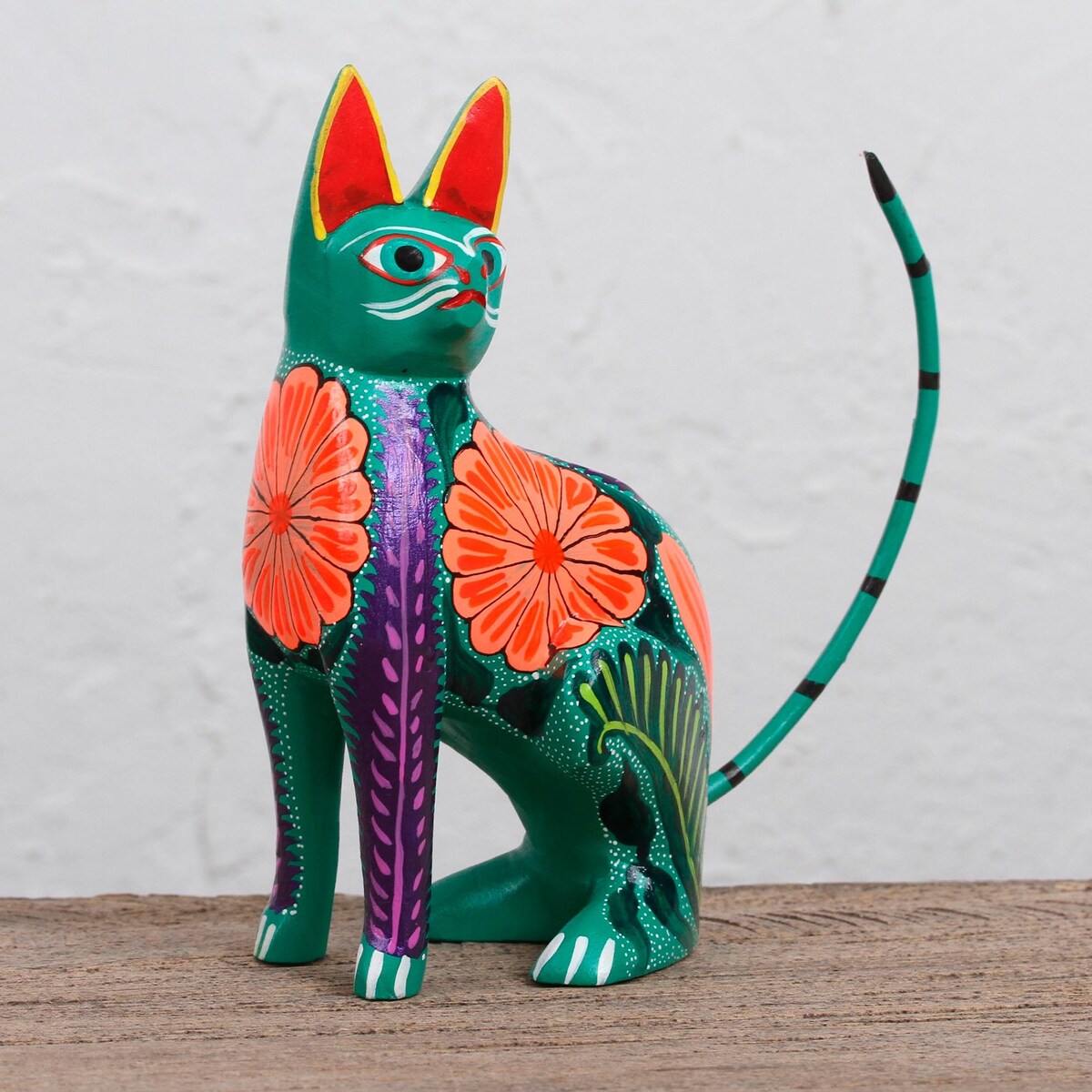 Novica Handmade Floral Feline Wood Alebrije Figurine