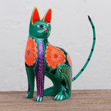 Novica Handmade Floral Feline Wood Alebrije Figurine