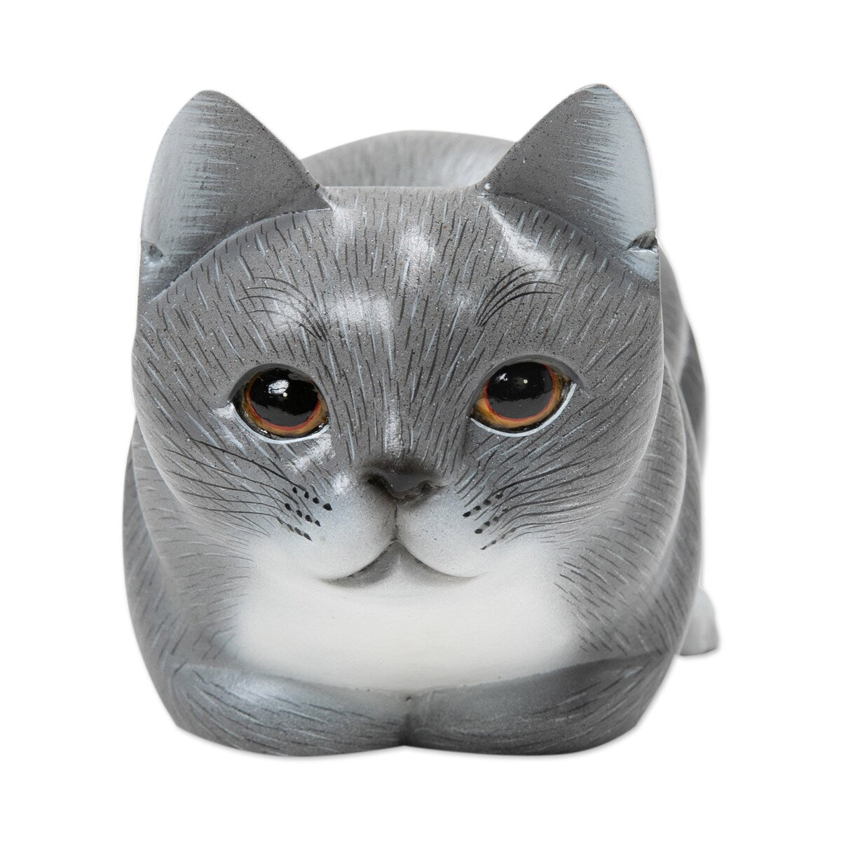 Novica Handmade Grey Kitty Wood Figurine