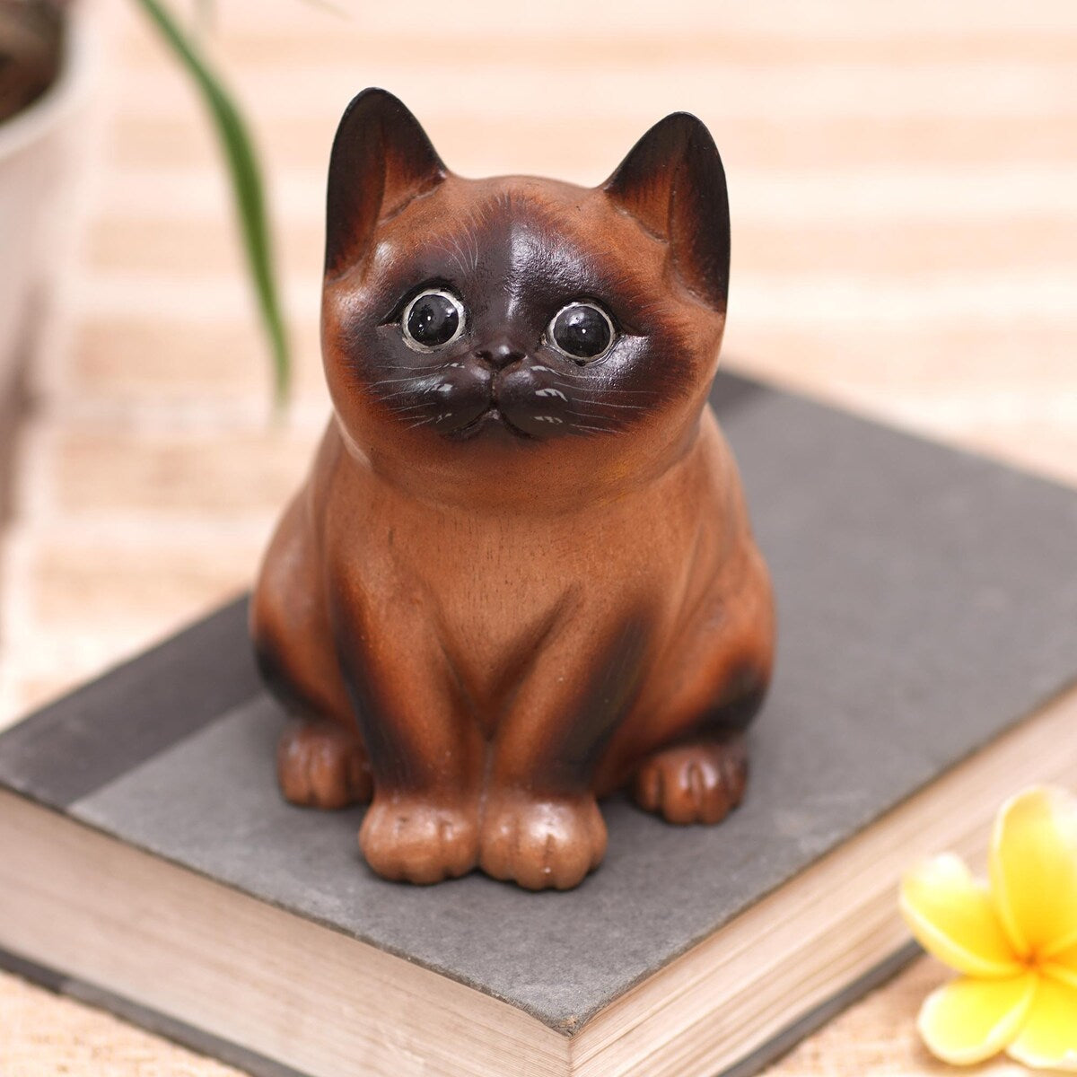 Novica Handmade Hungry Cat Wood Figurine