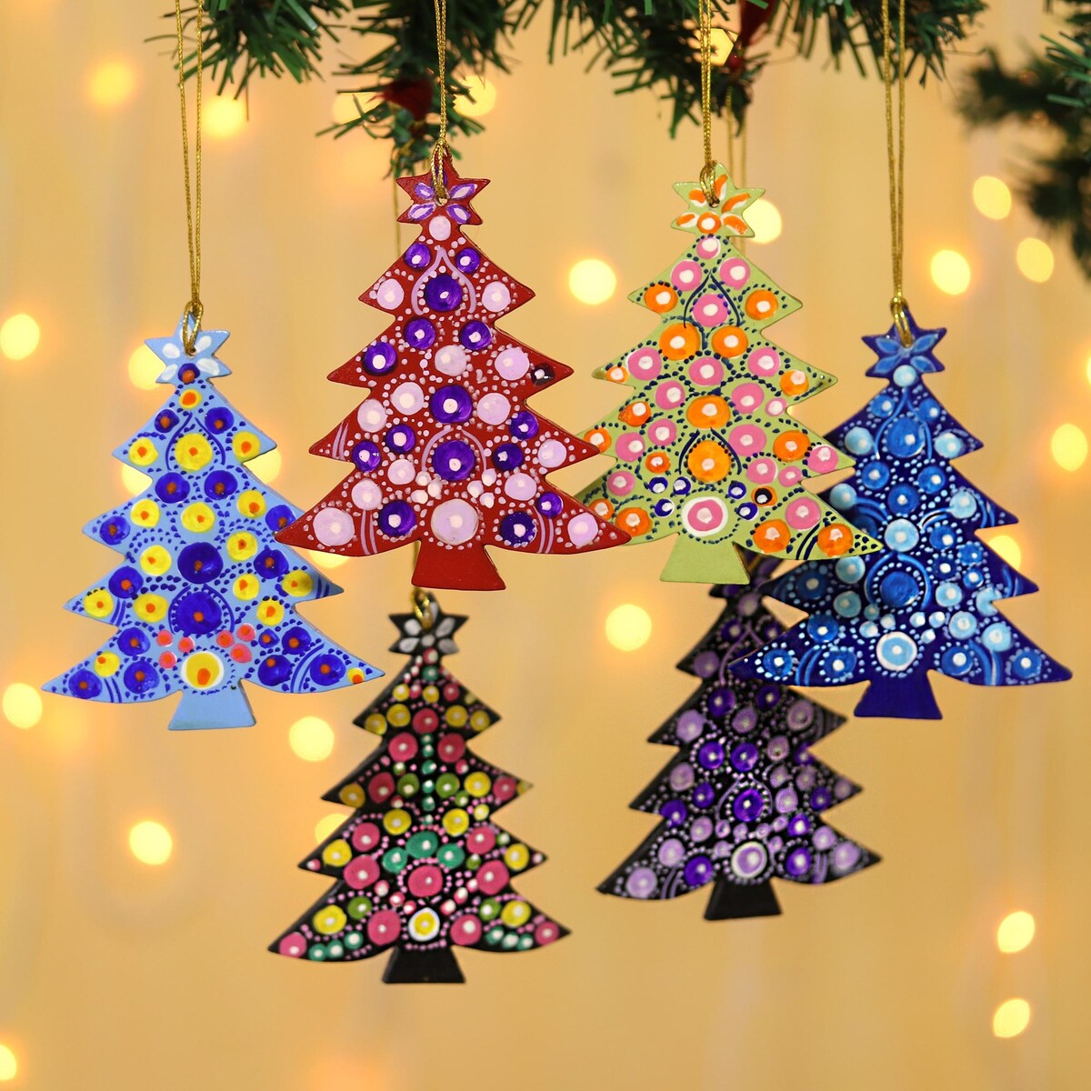 Novica Handmade Joyful Trees Hand Painted Ornaments (Set Of 6)