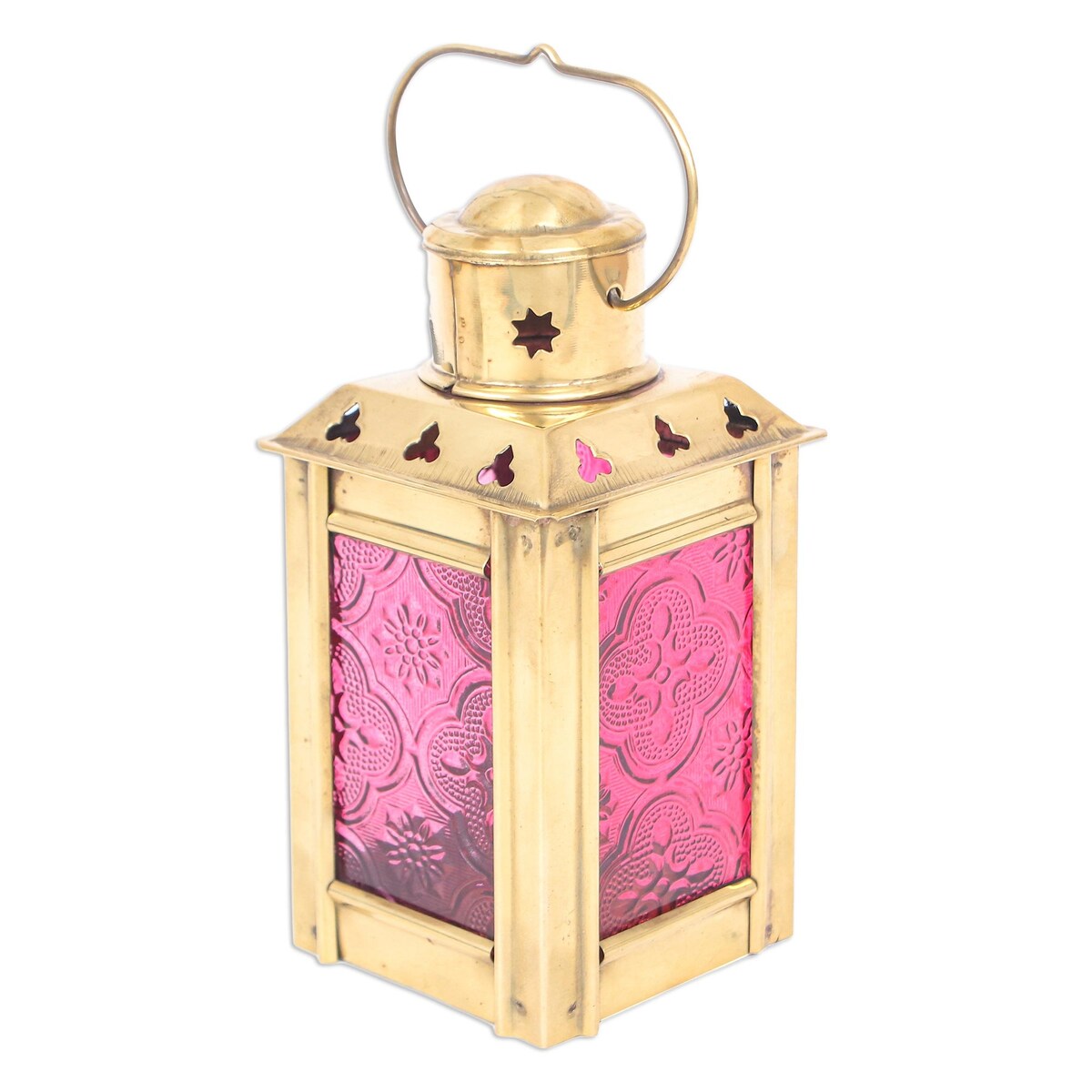 Novica Handmade Lantern In Red Glass And Brass Tealight Holder