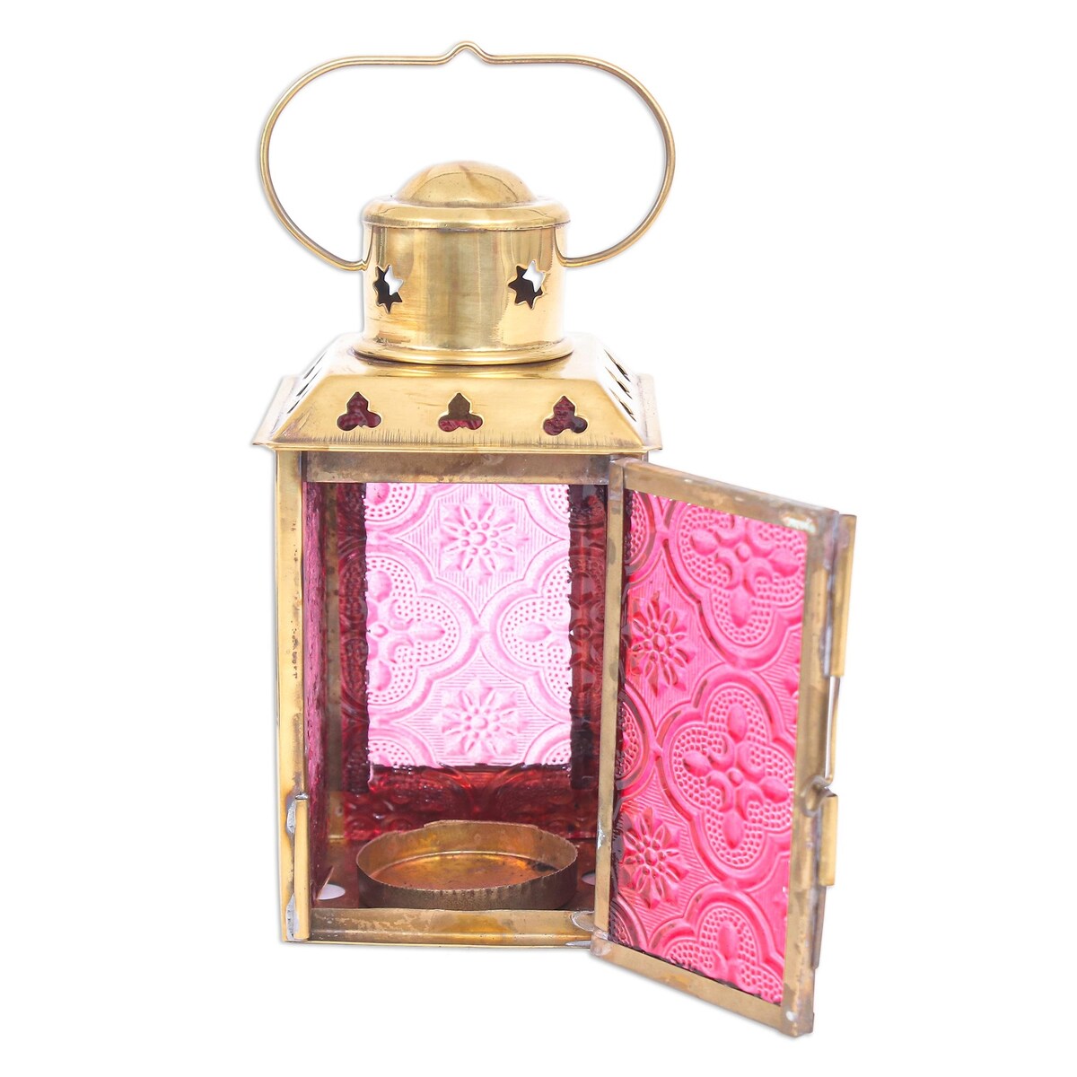Novica Handmade Lantern In Red Glass And Brass Tealight Holder