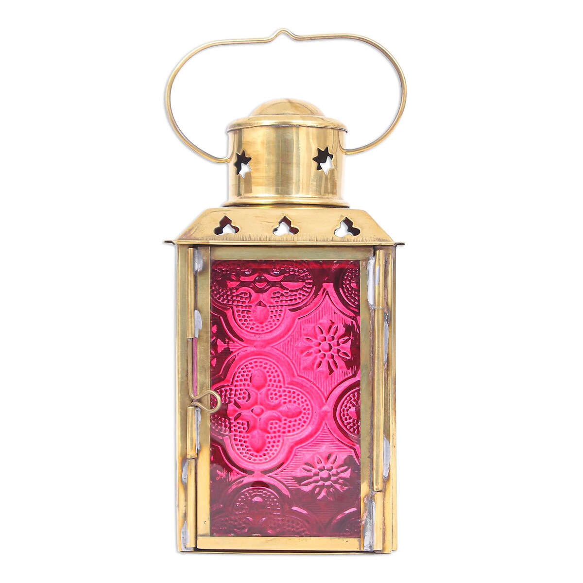 Novica Handmade Lantern In Red Glass And Brass Tealight Holder